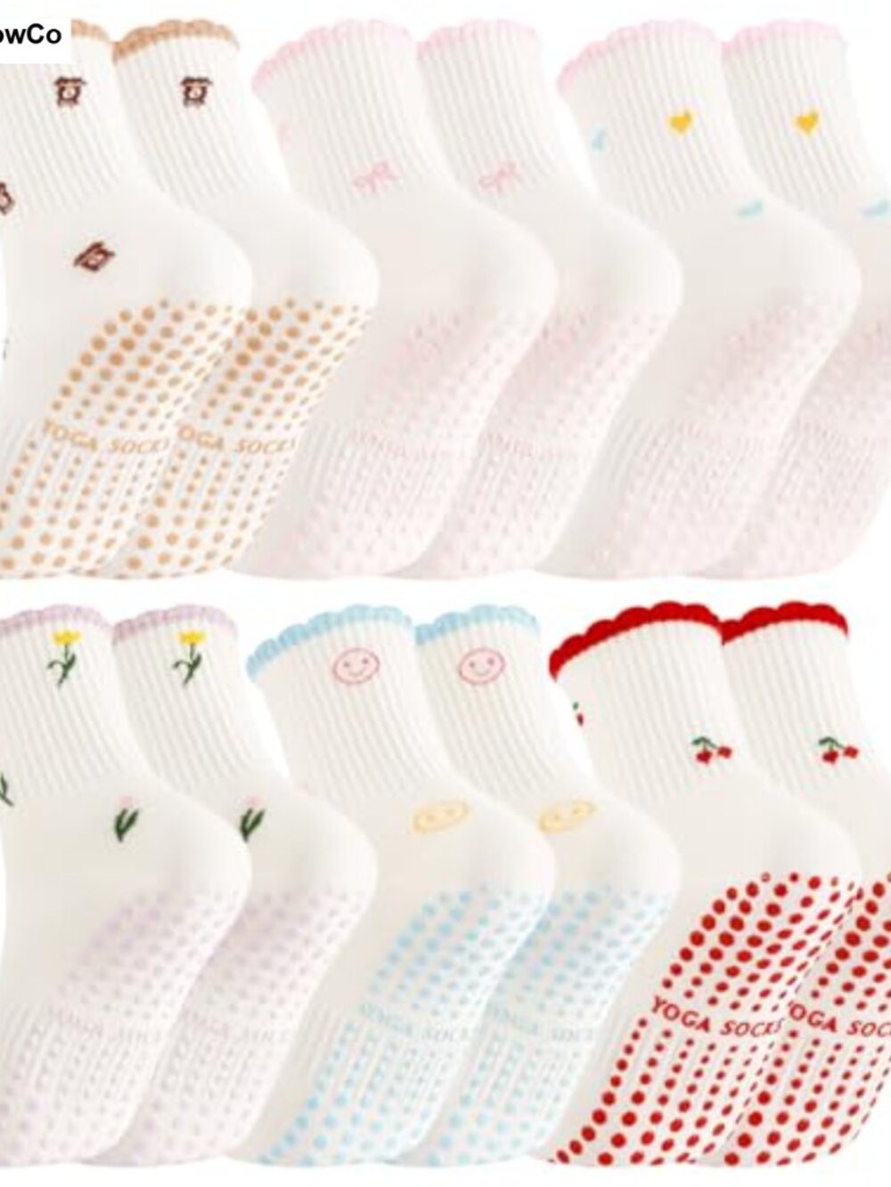 Cute Pilates Grip Socks Women Non-Slip Cotton Blend Yoga Barre 6 Pairs